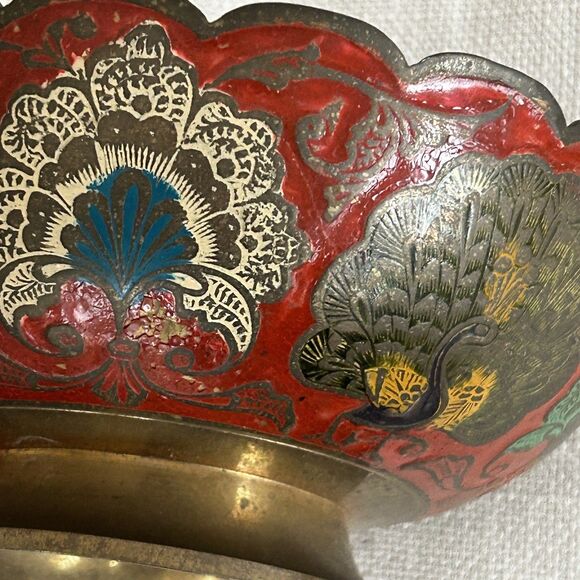 Vintage Solid Brass Bowl Enameled Peacock Colorful Footed Made in India Scallop - Picture 7 of 7